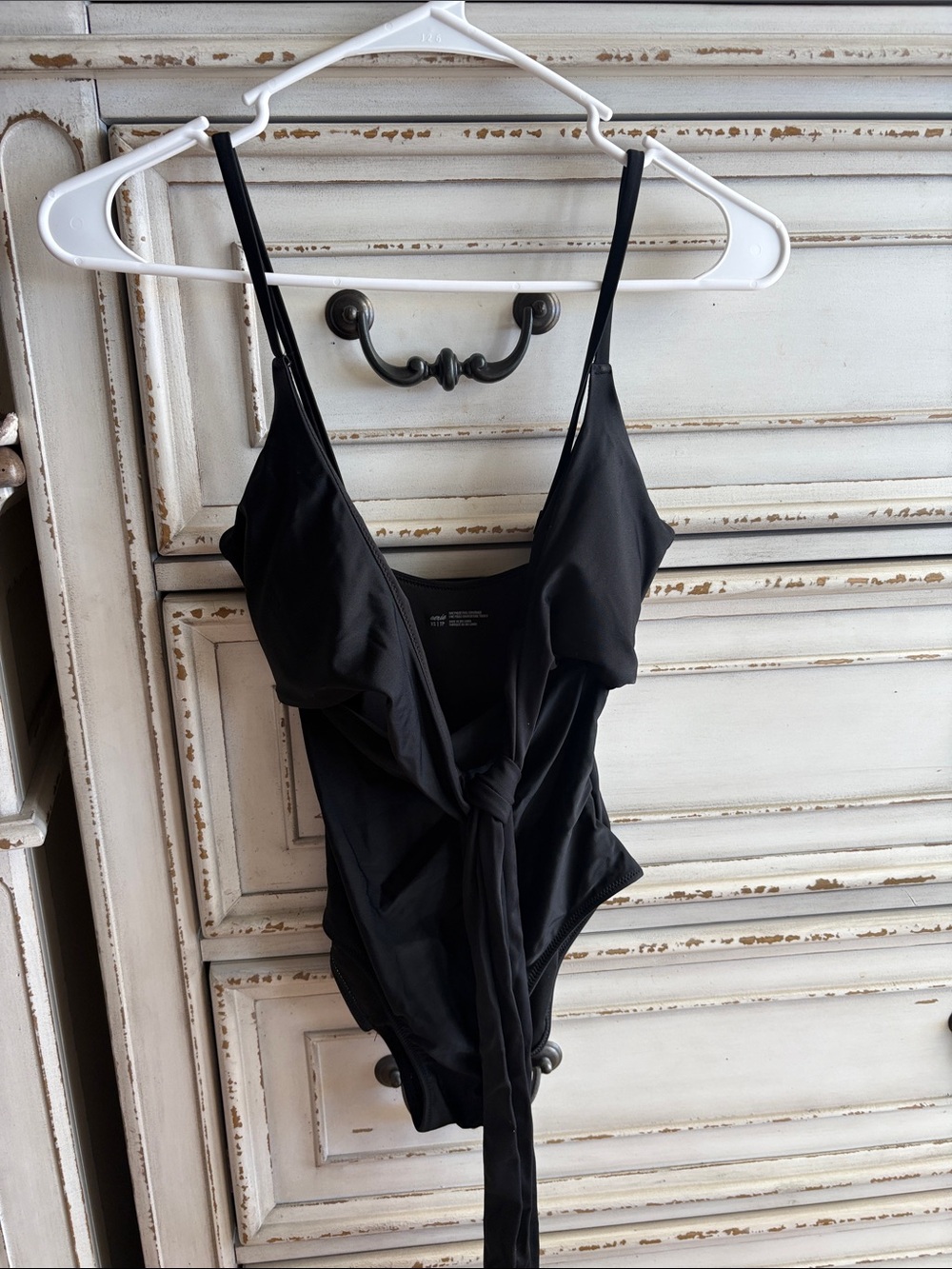 Women's Black Bandeau Tie-Front Swim One-Piece